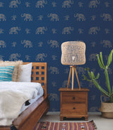 Elephant Walk Blue Peel & Stick Wallpaper with Metallic Animal Motif - York RMK12263PL