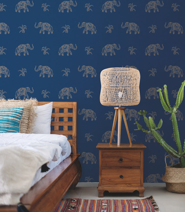 Elephant Walk Blue Peel & Stick Wallpaper with Metallic Animal Motif - York RMK12263PL