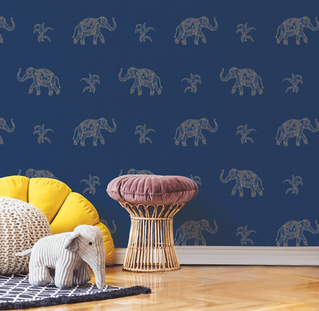 Elephant Walk Blue Peel & Stick Wallpaper with Metallic Animal Motif - York RMK12263PL