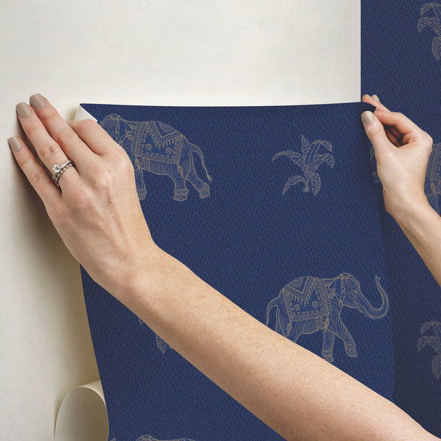 Elephant Walk Blue Peel & Stick Wallpaper with Metallic Animal Motif - York RMK12263PL