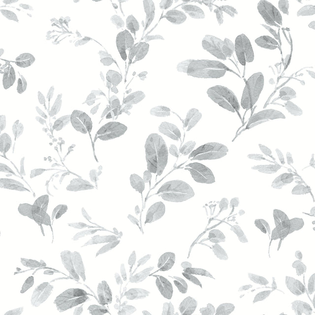 Dancing Leaves Grey Peel & Stick Wallpaper with Whimsical Botanical Flowers Pattern - York RMK12272PL