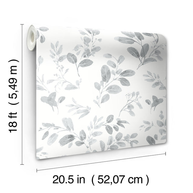 Dancing Leaves Grey Peel & Stick Wallpaper with Whimsical Botanical Flowers Pattern - York RMK12272PL