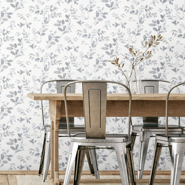 Dancing Leaves Grey Peel & Stick Wallpaper with Whimsical Botanical Flowers Pattern - York RMK12272PL