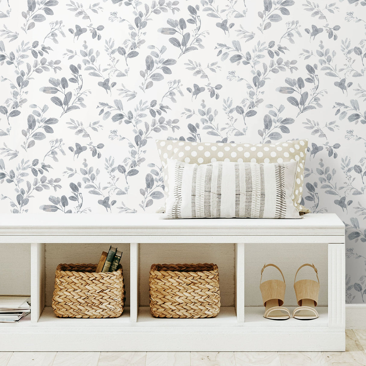 Dancing Leaves Grey Peel & Stick Wallpaper with Whimsical Botanical Flowers Pattern - York RMK12272PL