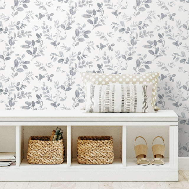 Dancing Leaves Grey Peel & Stick Wallpaper with Whimsical Botanical Flowers Pattern - York RMK12272PL