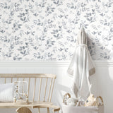 Dancing Leaves Grey Peel & Stick Wallpaper with Whimsical Botanical Flowers Pattern - York RMK12272PL