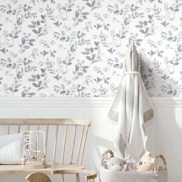 Dancing Leaves Grey Peel & Stick Wallpaper with Whimsical Botanical Flowers Pattern - York RMK12272PL