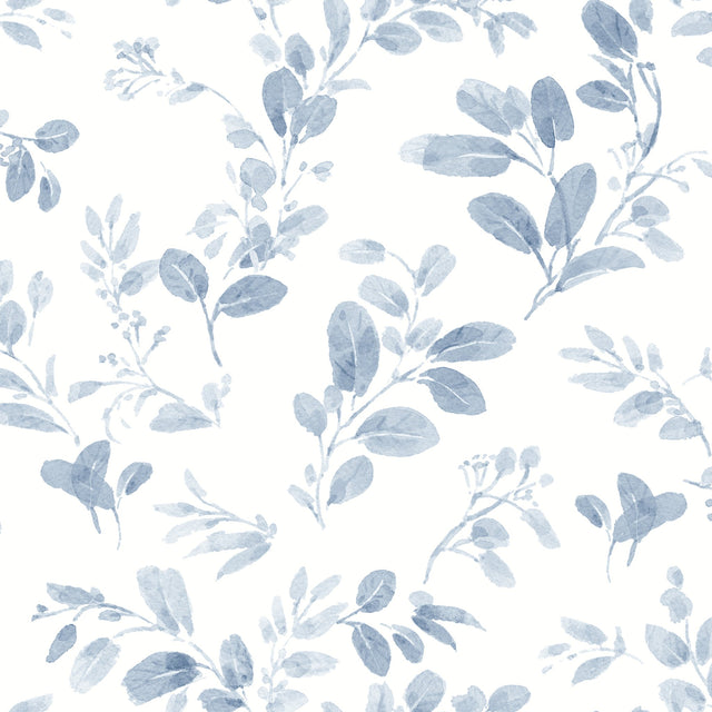 Dancing Leaves Blue Peel & Stick Wallpaper with Whimsical Botanical Flowers Pattern - York RMK12273PL