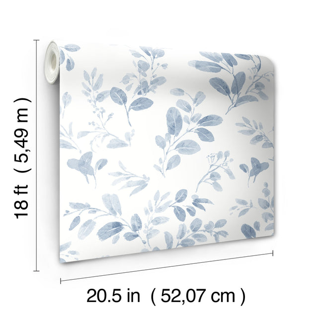 Dancing Leaves Blue Peel & Stick Wallpaper with Whimsical Botanical Flowers Pattern - York RMK12273PL