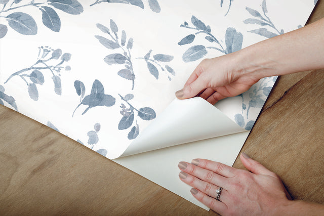 Dancing Leaves Blue Peel & Stick Wallpaper with Whimsical Botanical Flowers Pattern - York RMK12273PL