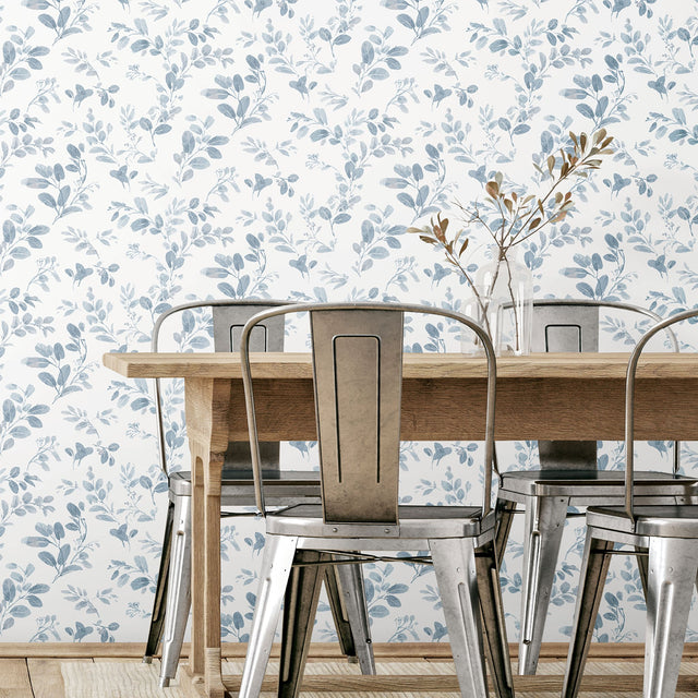 Dancing Leaves Blue Peel & Stick Wallpaper with Whimsical Botanical Flowers Pattern - York RMK12273PL