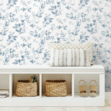 Dancing Leaves Blue Peel & Stick Wallpaper with Whimsical Botanical Flowers Pattern - York RMK12273PL