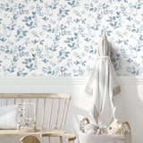 Dancing Leaves Blue Peel & Stick Wallpaper with Whimsical Botanical Flowers Pattern - York RMK12273PL