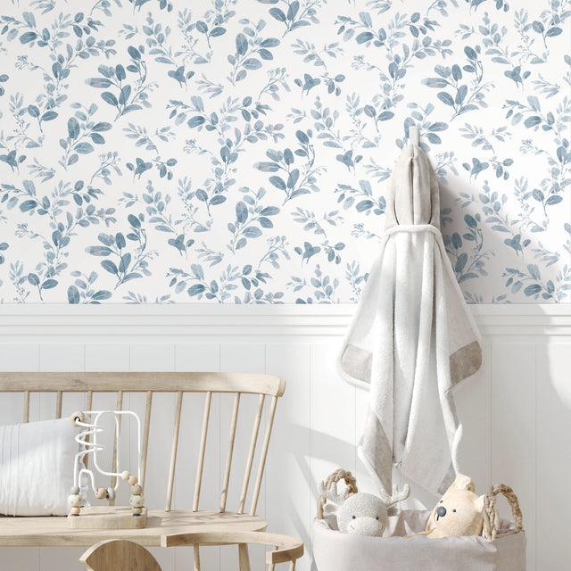 Dancing Leaves Blue Peel & Stick Wallpaper with Whimsical Botanical Flowers Pattern - York RMK12273PL