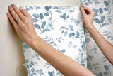 Dancing Leaves Blue Peel & Stick Wallpaper with Whimsical Botanical Flowers Pattern - York RMK12273PL