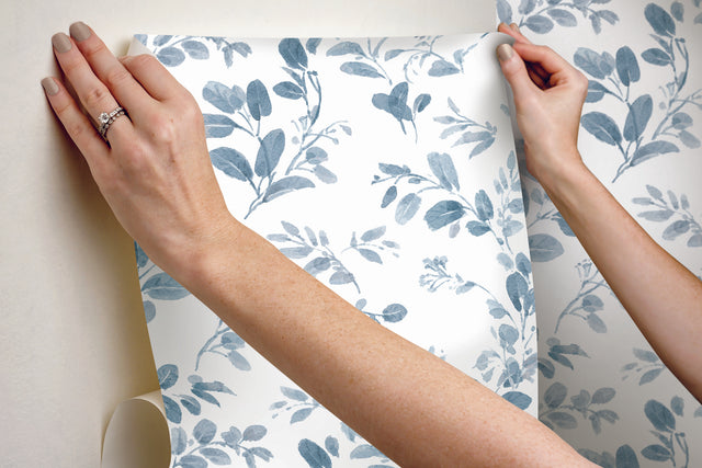 Dancing Leaves Blue Peel & Stick Wallpaper with Whimsical Botanical Flowers Pattern - York RMK12273PL