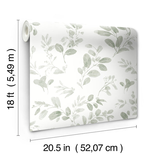 Dancing Leaves Green Peel & Stick Wallpaper with Whimsical Botanical Floral Pattern - York RMK12274PL