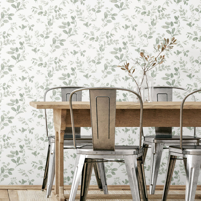Dancing Leaves Green Peel & Stick Wallpaper with Whimsical Botanical Floral Pattern - York RMK12274PL