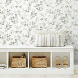 Dancing Leaves Green Peel & Stick Wallpaper with Whimsical Botanical Floral Pattern - York RMK12274PL