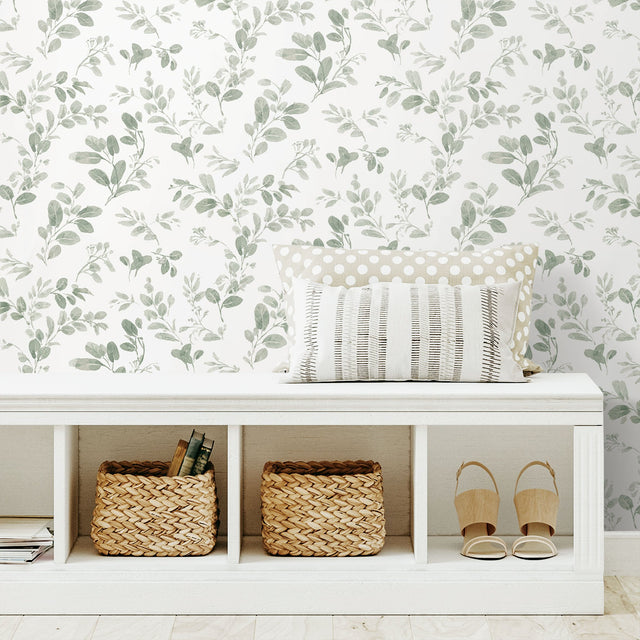 Dancing Leaves Green Peel & Stick Wallpaper with Whimsical Botanical Floral Pattern - York RMK12274PL