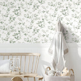Dancing Leaves Green Peel & Stick Wallpaper with Whimsical Botanical Floral Pattern - York RMK12274PL