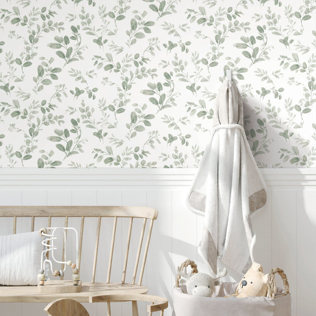Dancing Leaves Green Peel & Stick Wallpaper with Whimsical Botanical Floral Pattern - York RMK12274PL