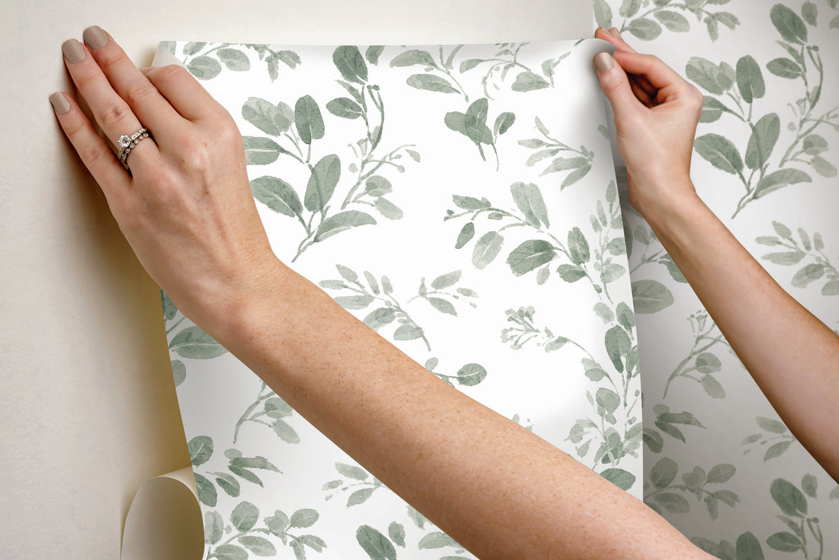 Dancing Leaves Green Peel & Stick Wallpaper with Whimsical Botanical Floral Pattern - York RMK12274PL