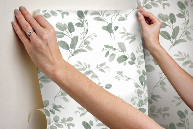 Dancing Leaves Green Peel & Stick Wallpaper with Whimsical Botanical Floral Pattern - York RMK12274PL