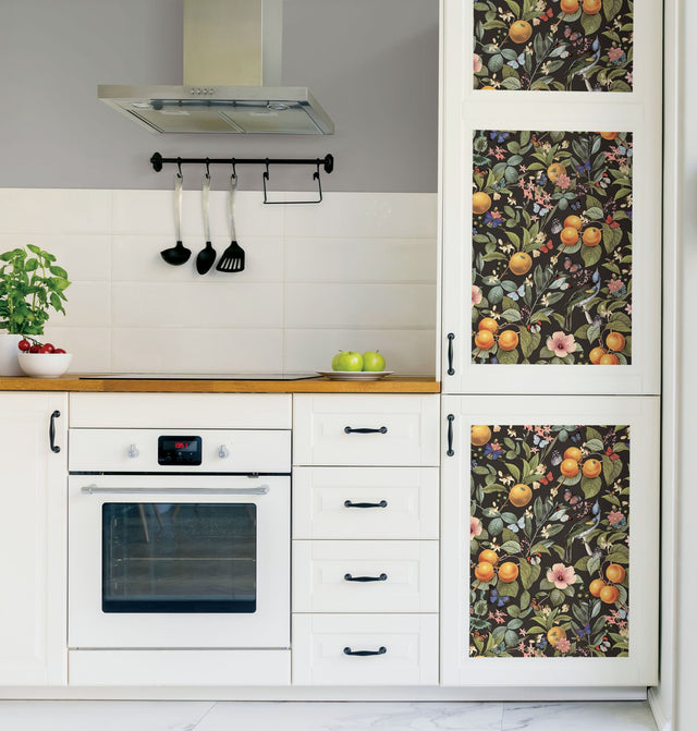 Citrus Green Peel & Stick Wallpaper with Fruit Floral and Butterflies Pattern, Farmhouse Style - York RMK12278PL
