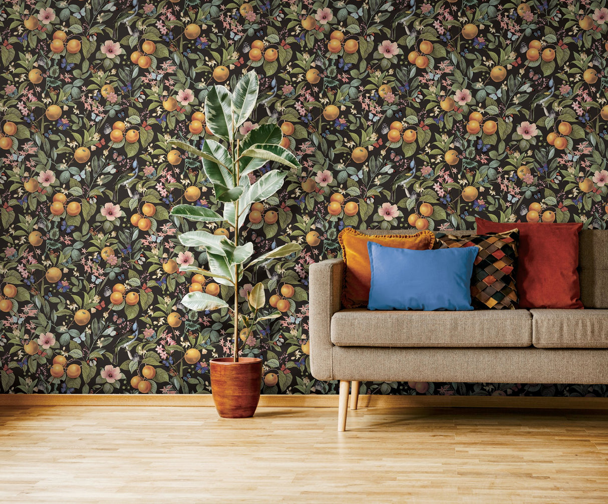 Citrus Green Peel & Stick Wallpaper with Fruit Floral and Butterflies Pattern, Farmhouse Style - York RMK12278PL