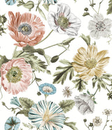 Vintage Poppy Pink Peel & Stick Wallpaper with Botanical Flowers Motif, Whimsical Style - York RMK12281PL