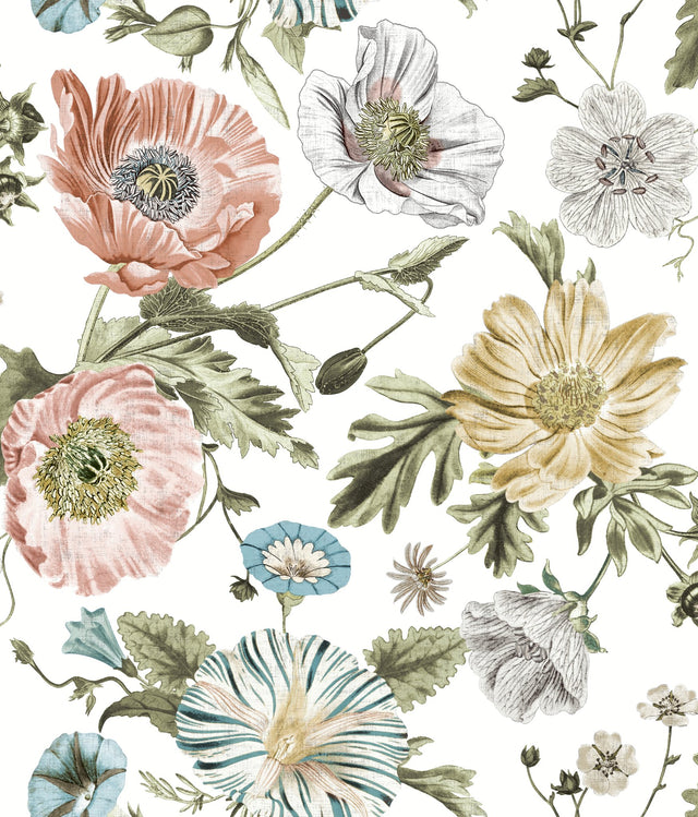 Vintage Poppy Pink Peel & Stick Wallpaper with Botanical Flowers Motif, Whimsical Style - York RMK12281PL