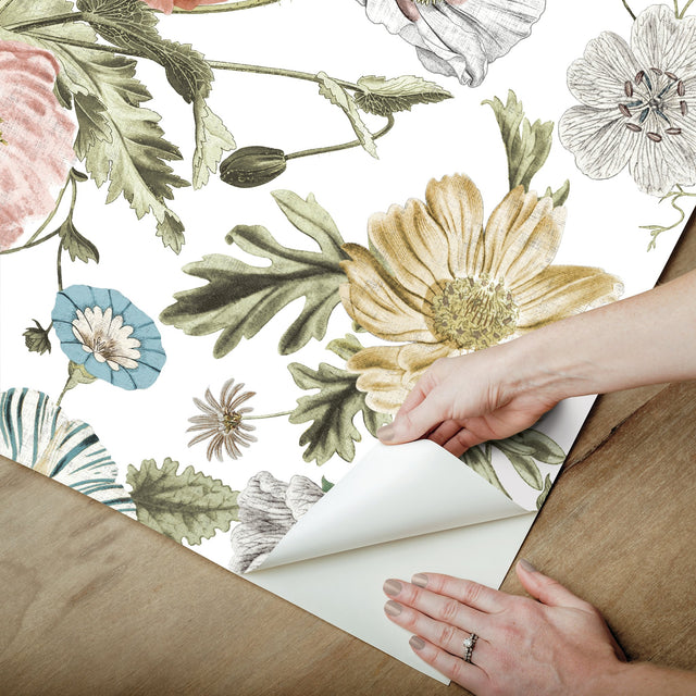 Vintage Poppy Pink Peel & Stick Wallpaper with Botanical Flowers Motif, Whimsical Style - York RMK12281PL