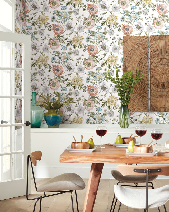 Vintage Poppy Pink Peel & Stick Wallpaper with Botanical Flowers Motif, Whimsical Style - York RMK12281PL