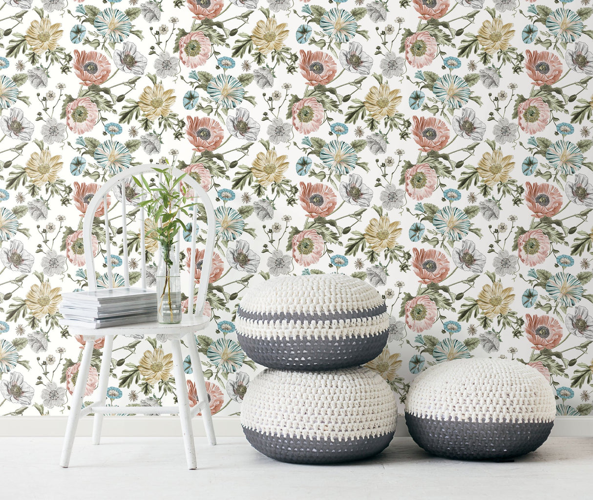 Vintage Poppy Pink Peel & Stick Wallpaper with Botanical Flowers Motif, Whimsical Style - York RMK12281PL