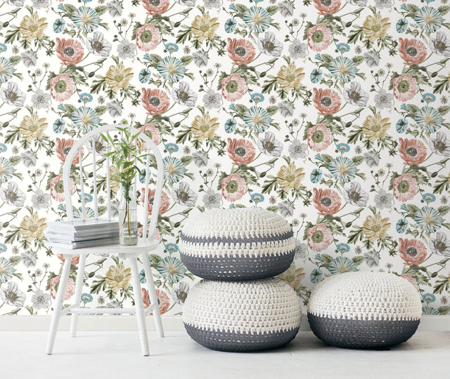 Vintage Poppy Pink Peel & Stick Wallpaper with Botanical Flowers Motif, Whimsical Style - York RMK12281PL