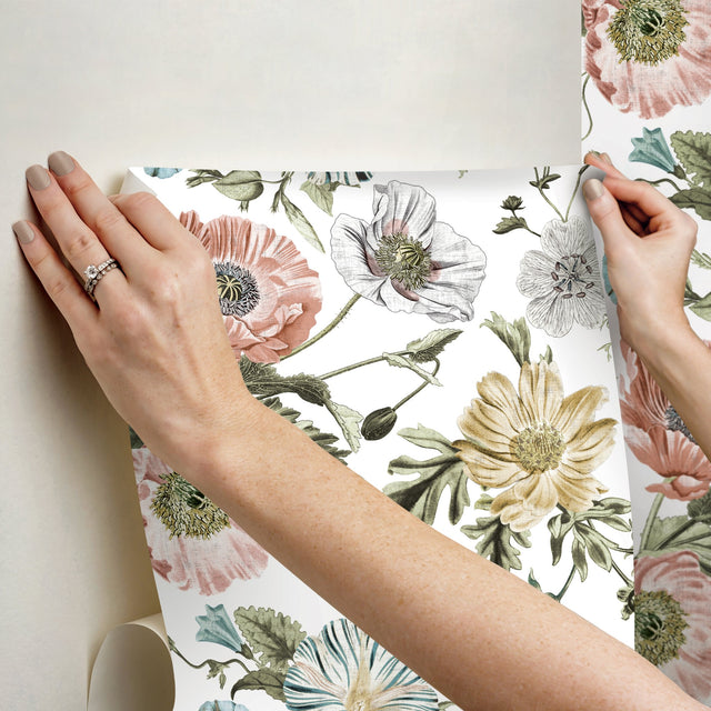 Vintage Poppy Pink Peel & Stick Wallpaper with Botanical Flowers Motif, Whimsical Style - York RMK12281PL