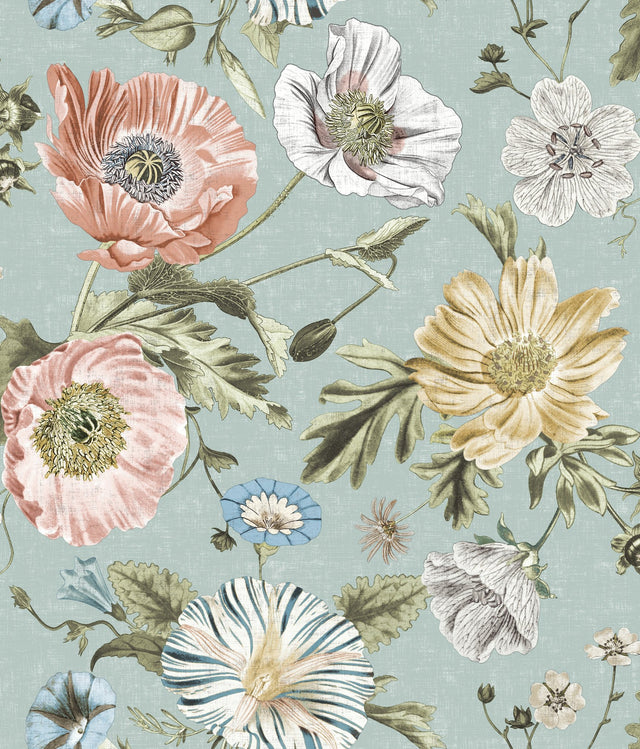 Vintage Poppy Blue Peel & Stick Vinyl Wallpaper with Botanical Floral Pattern, Matte Vintage Style - York RMK12282PL