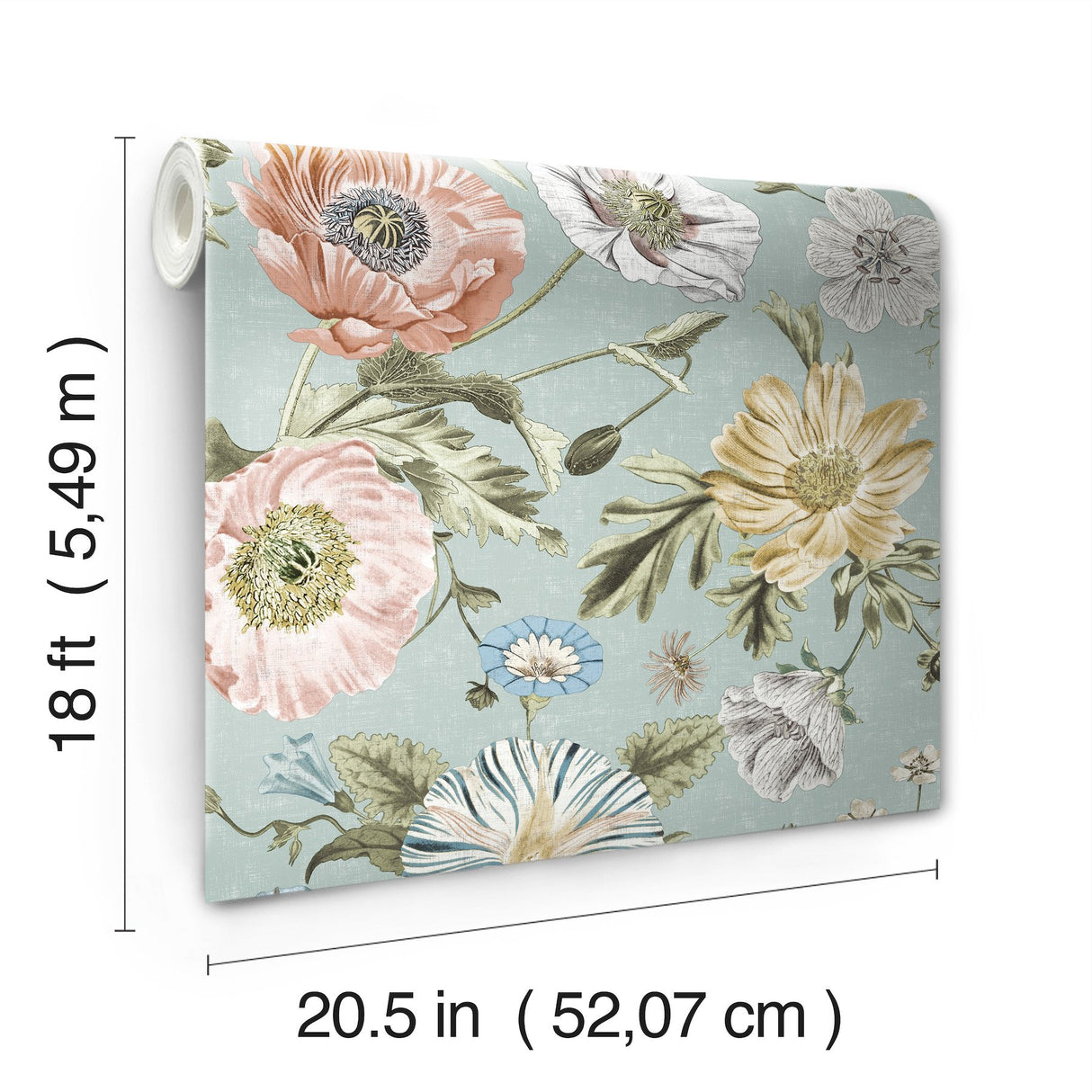Vintage Poppy Blue Peel & Stick Vinyl Wallpaper with Botanical Floral Pattern, Matte Vintage Style - York RMK12282PL