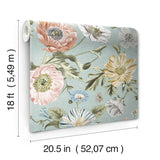 Vintage Poppy Blue Peel & Stick Vinyl Wallpaper with Botanical Floral Pattern, Matte Vintage Style - York RMK12282PL