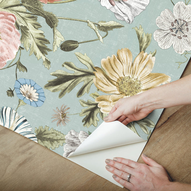 Vintage Poppy Blue Peel & Stick Vinyl Wallpaper with Botanical Floral Pattern, Matte Vintage Style - York RMK12282PL