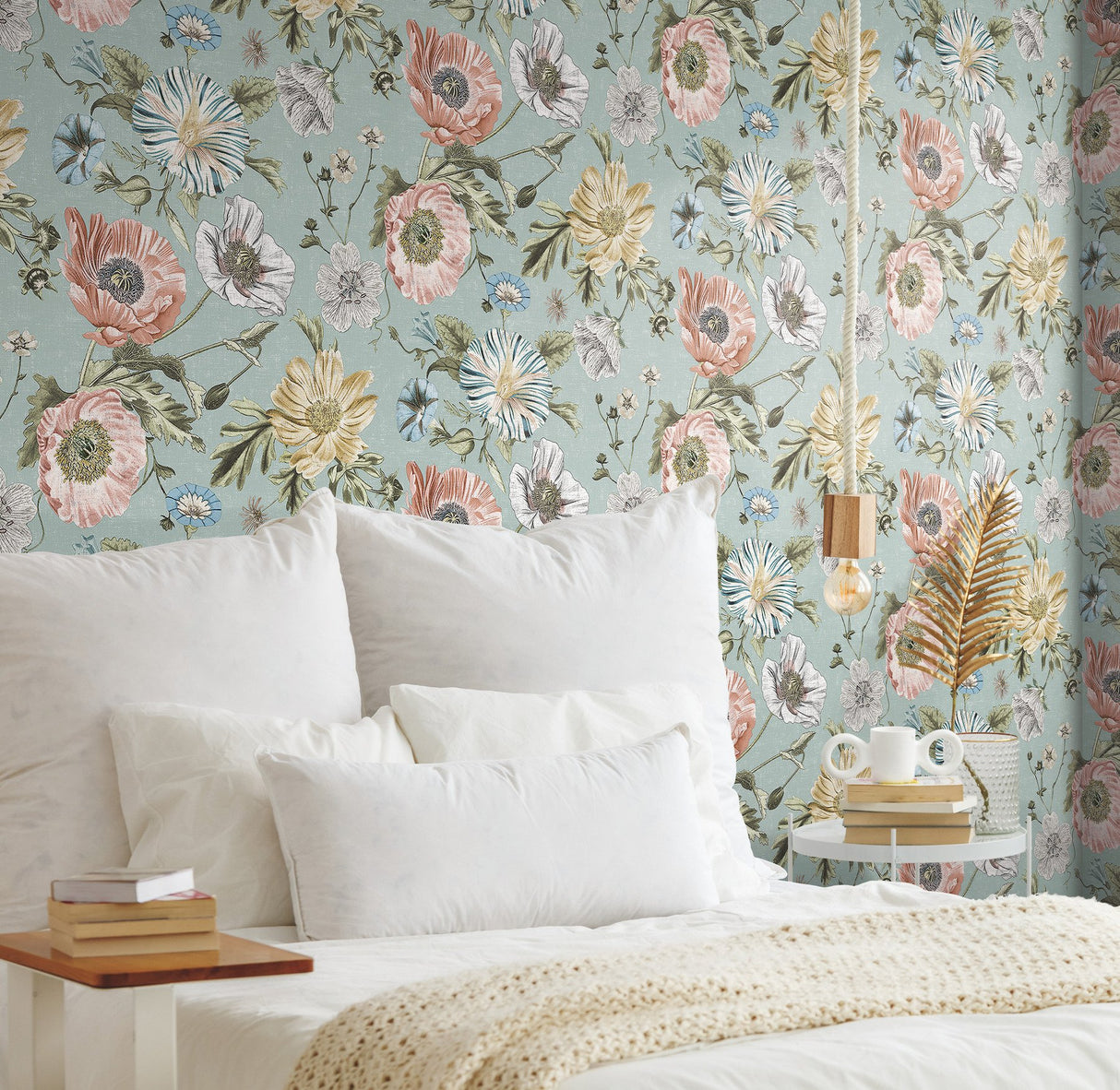 Vintage Poppy Blue Peel & Stick Vinyl Wallpaper with Botanical Floral Pattern, Matte Vintage Style - York RMK12282PL