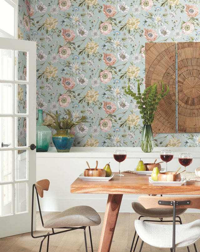 Vintage Poppy Blue Peel & Stick Vinyl Wallpaper with Botanical Floral Pattern, Matte Vintage Style - York RMK12282PL