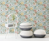 Vintage Poppy Blue Peel & Stick Vinyl Wallpaper with Botanical Floral Pattern, Matte Vintage Style - York RMK12282PL