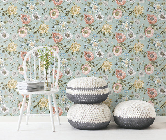 Vintage Poppy Blue Peel & Stick Vinyl Wallpaper with Botanical Floral Pattern, Matte Vintage Style - York RMK12282PL