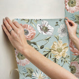Vintage Poppy Blue Peel & Stick Vinyl Wallpaper with Botanical Floral Pattern, Matte Vintage Style - York RMK12282PL