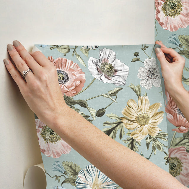 Vintage Poppy Blue Peel & Stick Vinyl Wallpaper with Botanical Floral Pattern, Matte Vintage Style - York RMK12282PL