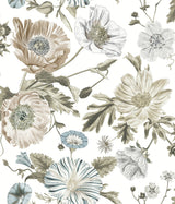 Vintage Poppy White Peel & Stick Vinyl Wallpaper with Botanical Floral Pattern, Vintage Style - York RMK12285PL
