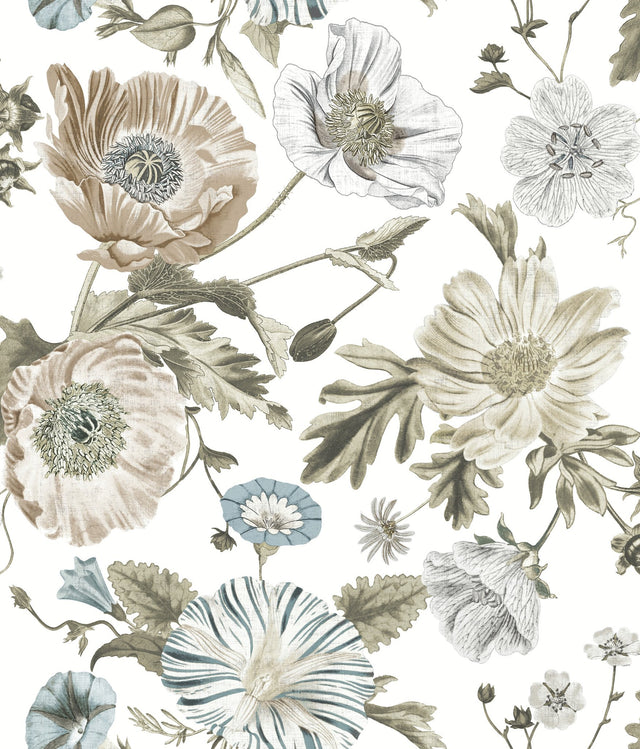 Vintage Poppy White Peel & Stick Vinyl Wallpaper with Botanical Floral Pattern, Vintage Style - York RMK12285PL