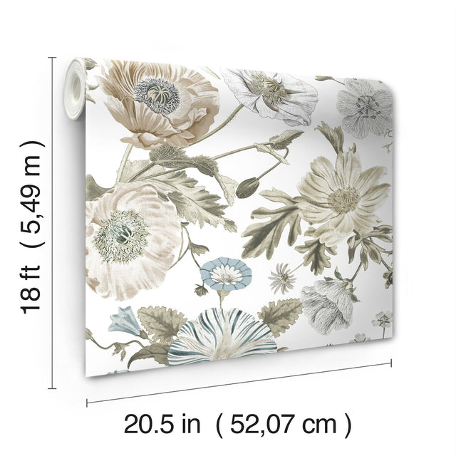 Vintage Poppy White Peel & Stick Vinyl Wallpaper with Botanical Floral Pattern, Vintage Style - York RMK12285PL